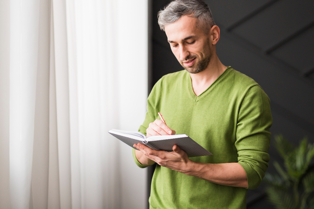 A man with short gray hair and a trimmed beard, wearing a green sweater, standing by a window and writing in a notebook.