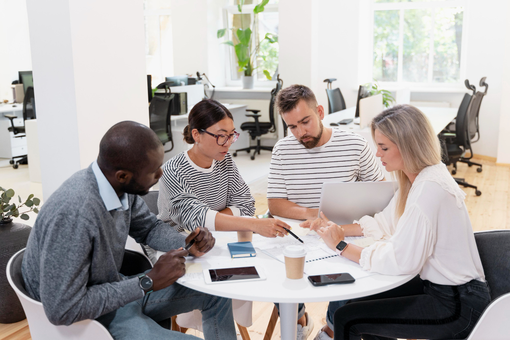 A group of four diverse individuals sitting around a table in a modern office space, engaged in a collaborative discussion.