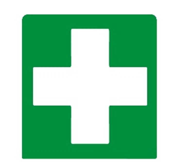 A green square with a white cross in the center, symbolizing a first aid location or medical assistance