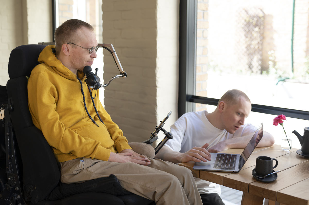 Medium shot men working together indoors