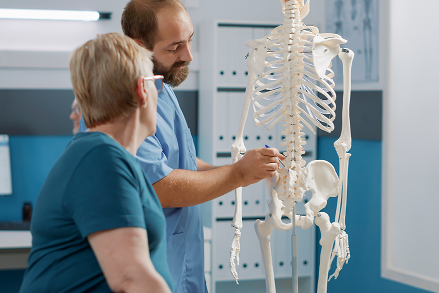 Health care worker pointing to part of the human skeleton